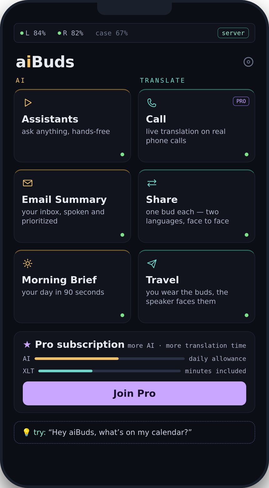 The aiBuds app home screen: six tiles — AI Assistant, Email Summary and Morning Brief beside Call, Share and Travel translation modes.